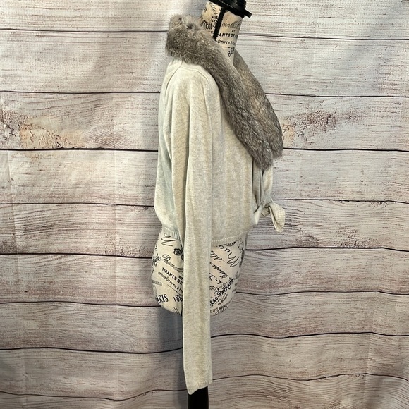 525 America Silk & Cashmere Sweater Cardigan Detachable Rabbit Fur Collar Gray - Picture 4 of 8